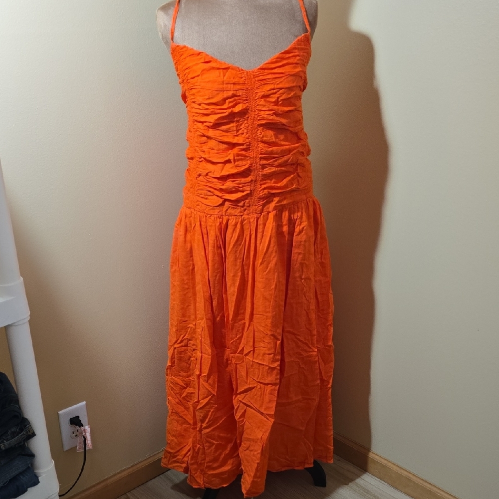 Ruched Spaghetti-Strap Orange Maxi Dress